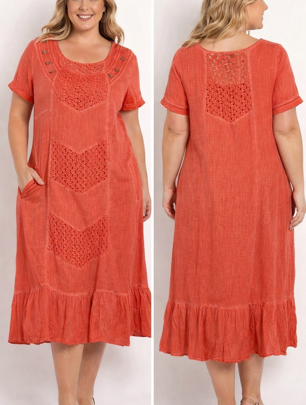 Le’Chana Coral Boho Midi Dress Size 46 (US L/XL) Lace Inset Cotton Linen Side Zi